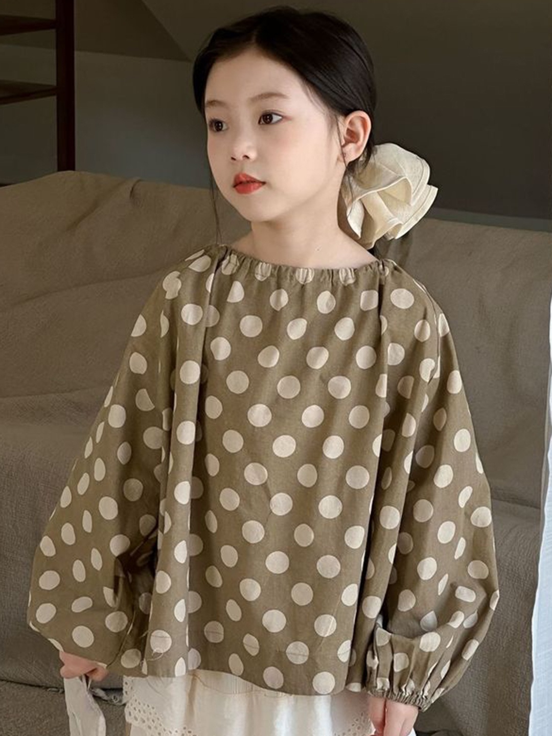 

LULU & SKY Polka Dot Print Cotton Top, Khaki