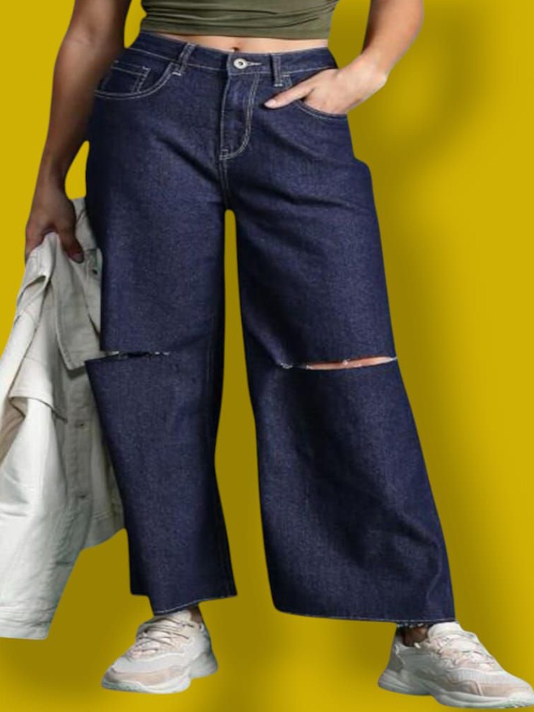 

Perfect Outlet Women Straight Fit High-Rise Slash Knee Jeans, Navy blue
