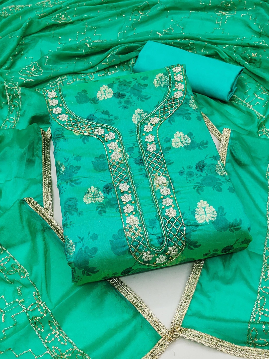 

SHADOW & SAINING Semi-Stitched Dress Material, Sea green