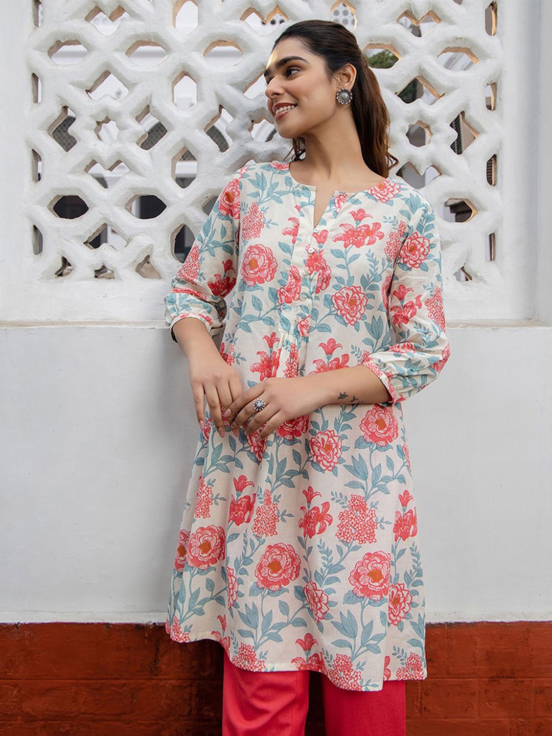 

CUSTARD Mandarin Collar Printed Tunic, Cream
