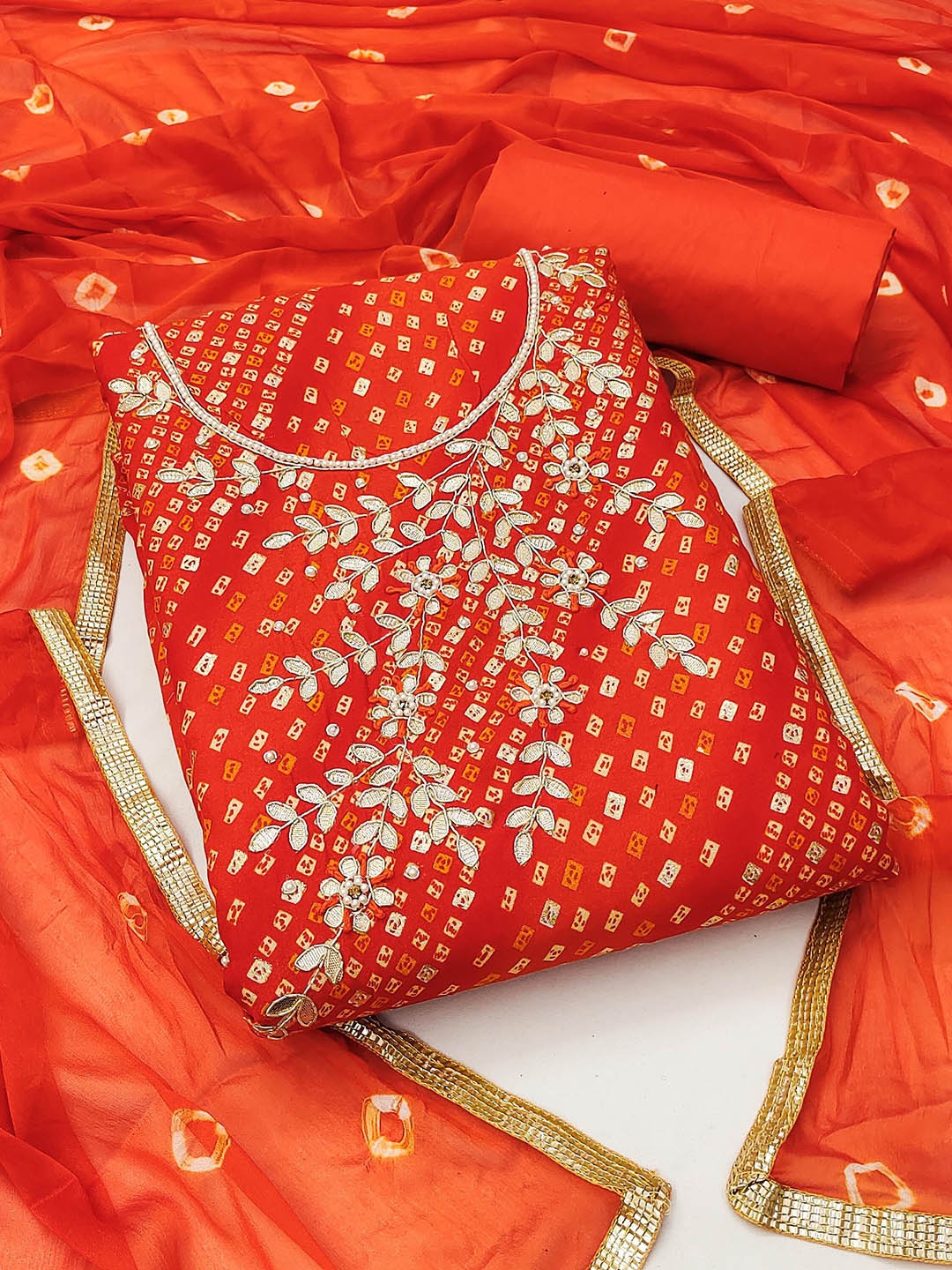 

SHADOW & SAINING Embellished Semi-Stitched Dress Material, Red