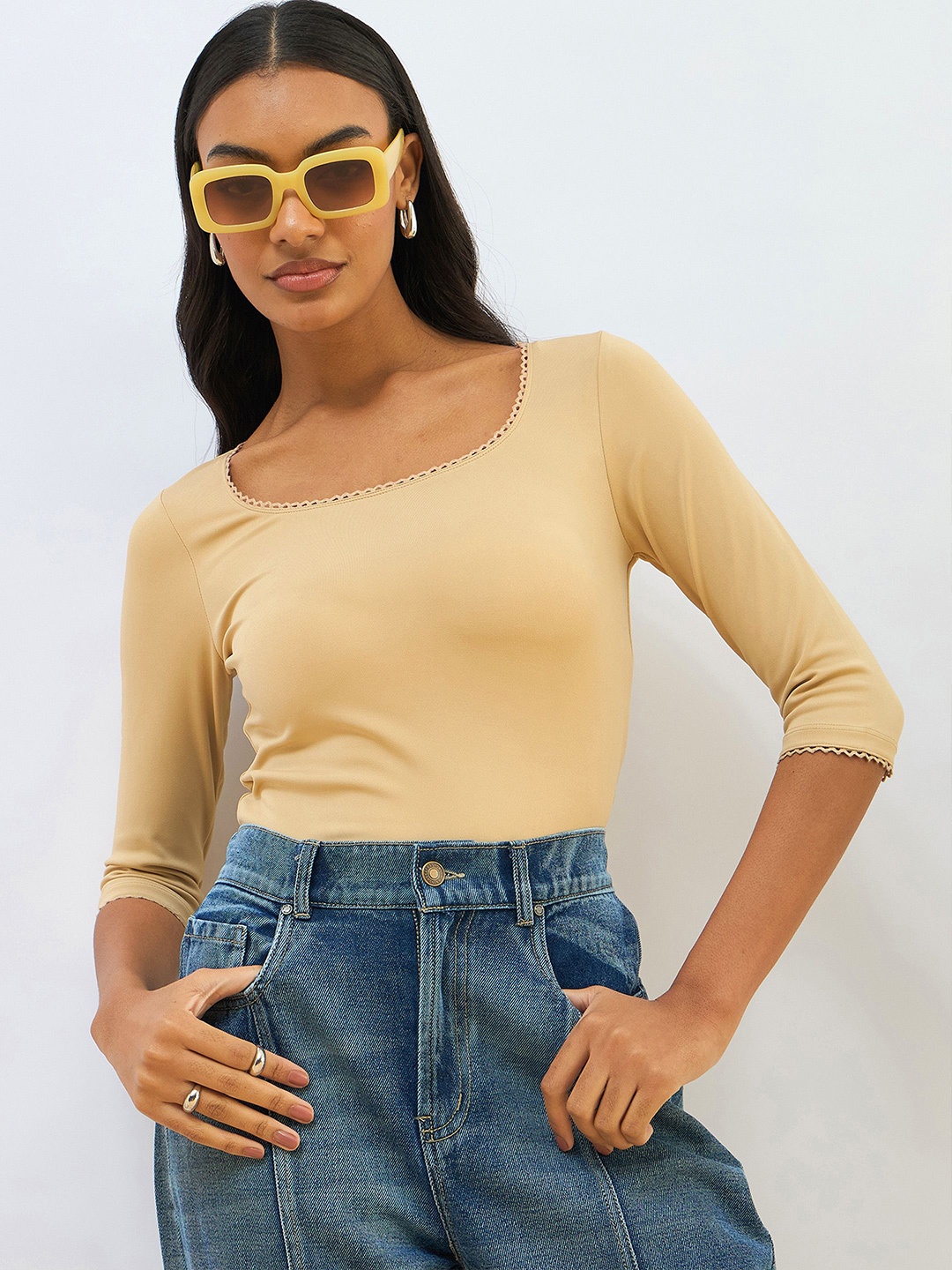 

SASSAFRAS BASICS Cotton Crop Top, Beige