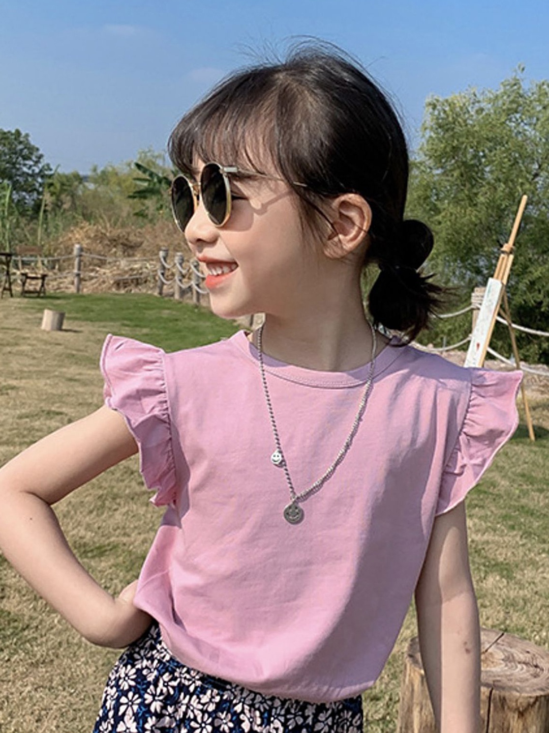 

LULU & SKY Flutter Sleeve Cotton Top, Pink