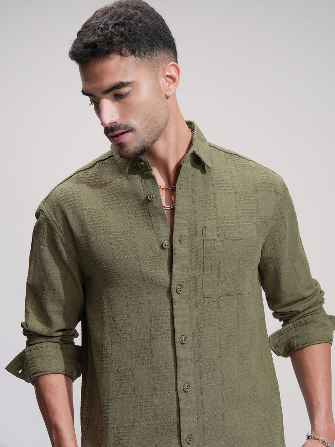 

HIGHLANDER Men Comfort Opaque Casual Shirt, Olive