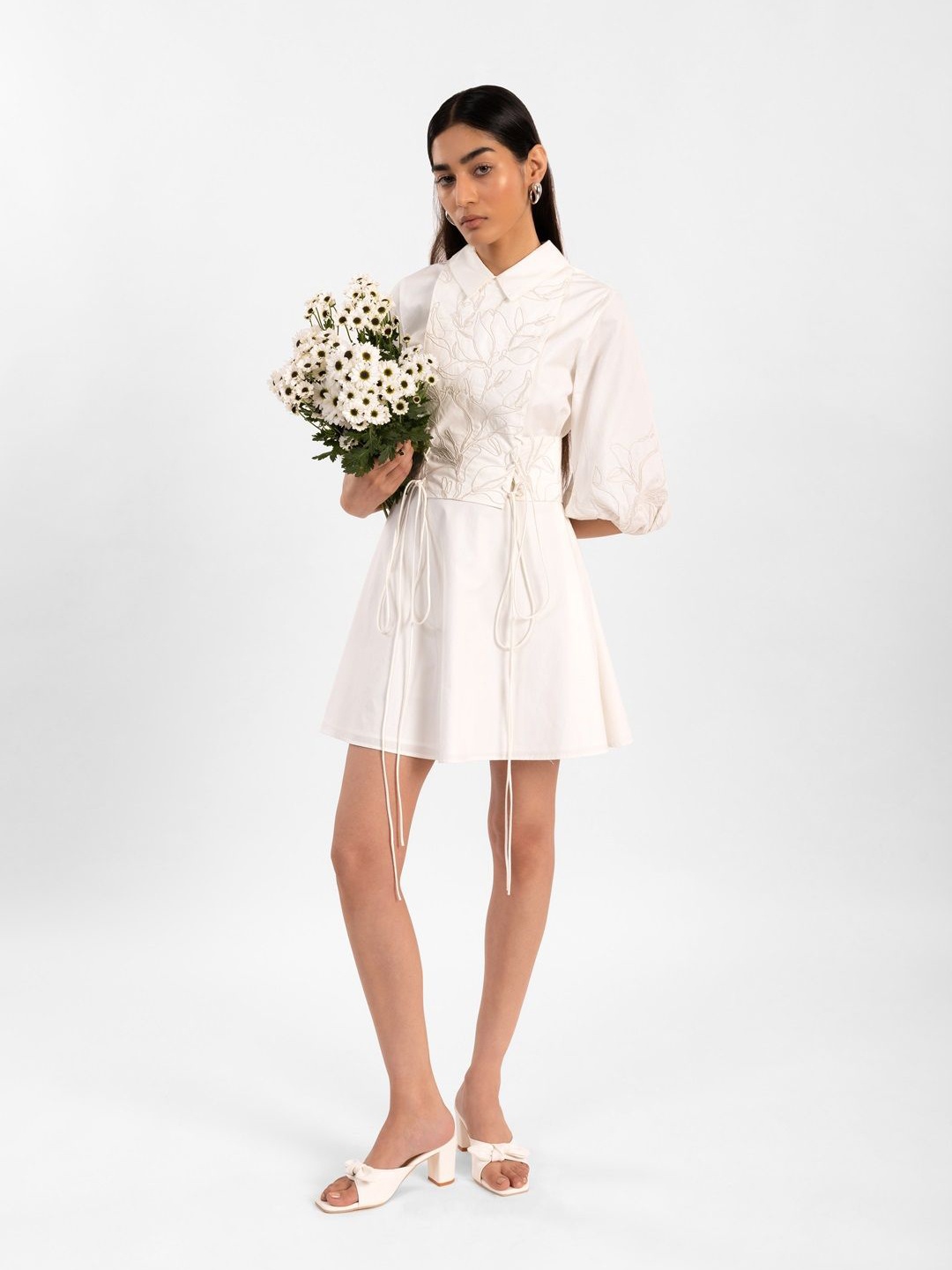 

Contemponari Embroidered Bishop Sleeve Shirt Dress, White