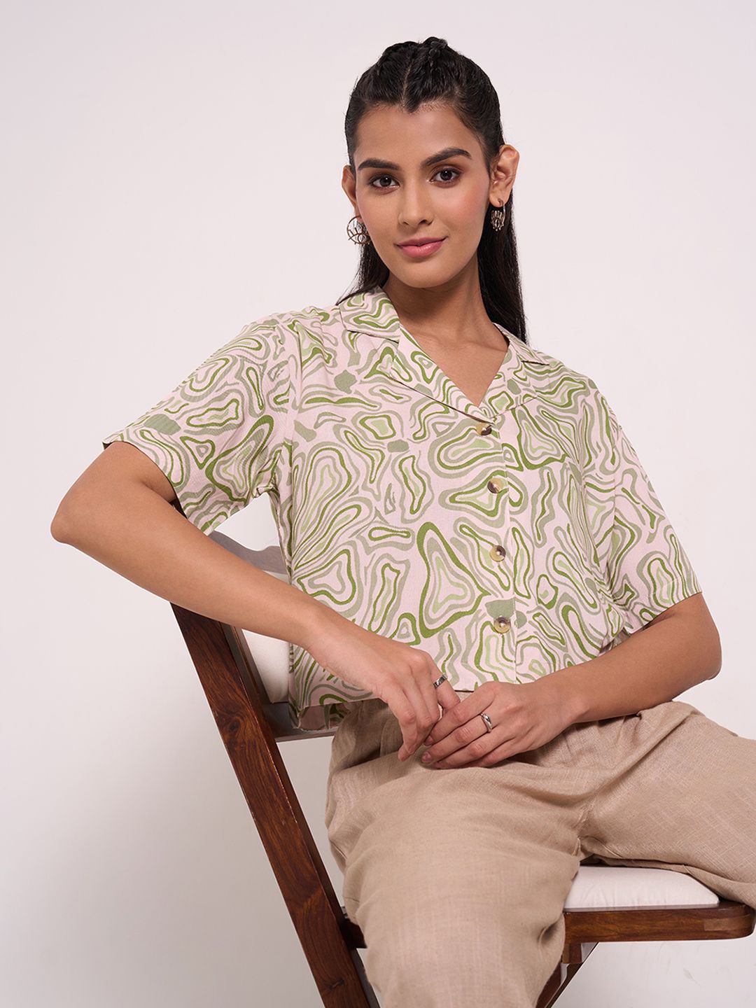 

AKKRITI BY PANTALOONS Tropical Print Extended Sleeves Shirt Style Top, Green