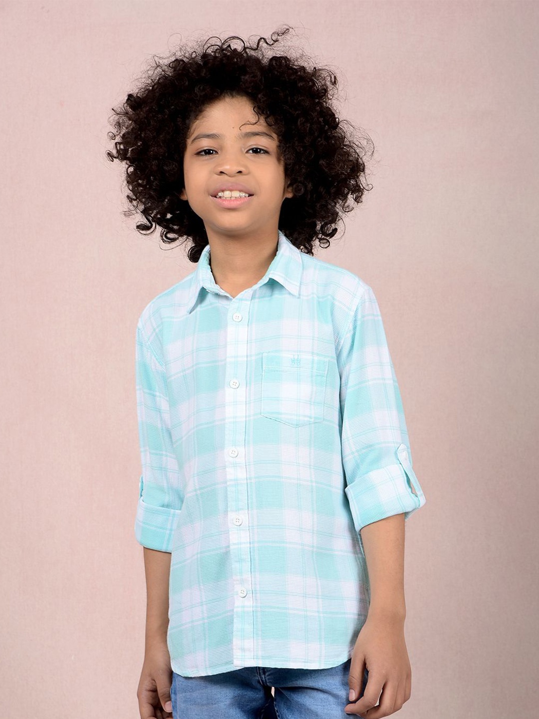 

Crimsoune Club Boys Classic Slim Fit Tartan Checks Opaque Checked Casual Shirt, Green