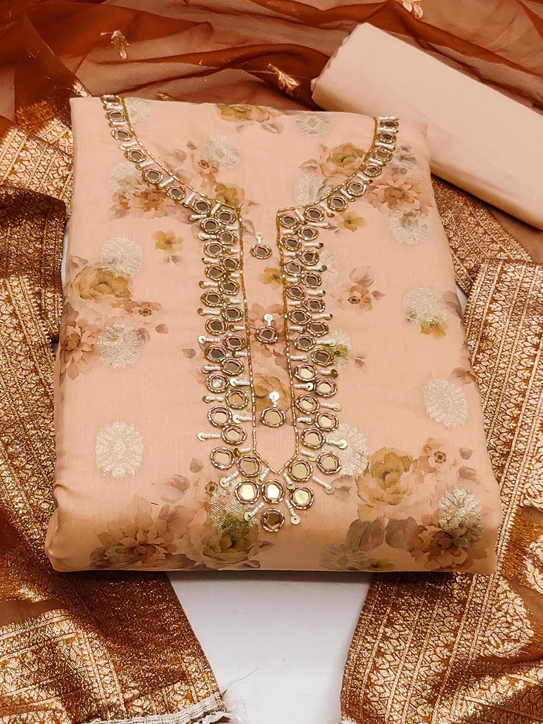 

SHADOW & SAINING Embellished Semi-Stitched Dress Material, Peach