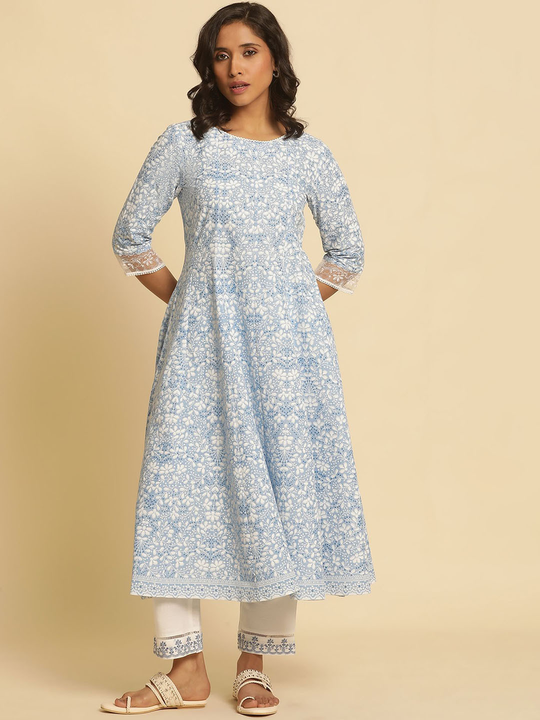 

W Women Geometric Printed Chikankari Anarkali Kurta, Blue