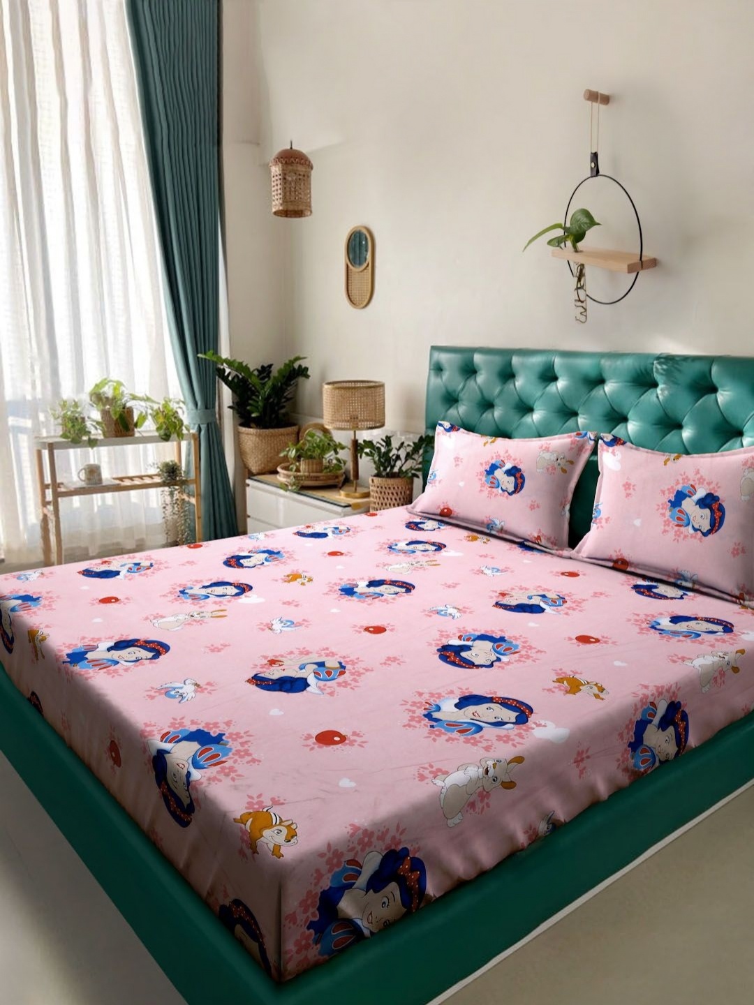 

Myntra Elegant Homes Pink & Blue Cartoon Characters 400 TC King Bedsheet with 2 Pillow Covers