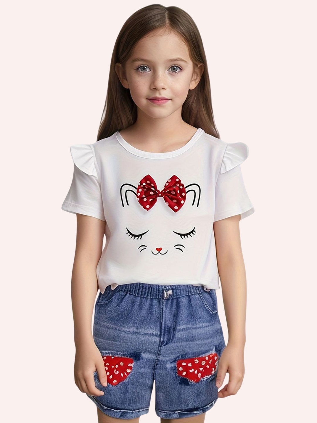 

YK Girls Printed T-shirt with Shorts, White