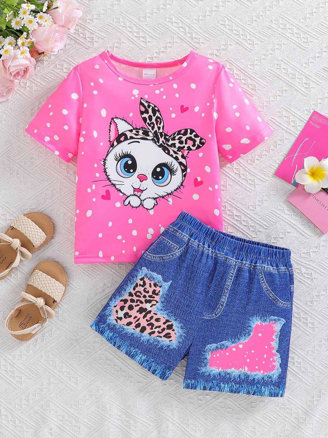 

YK Girls Printed T-shirt with Shorts, Pink