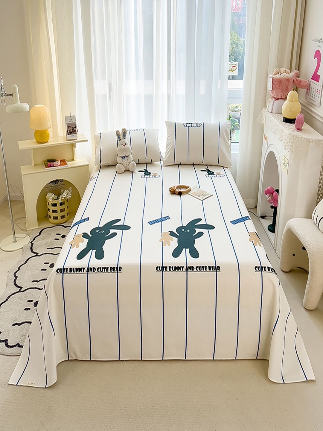 

JC HOME White & Teal Cartoon Characters 140 TC King Bedsheet with 2 Pillow Covers