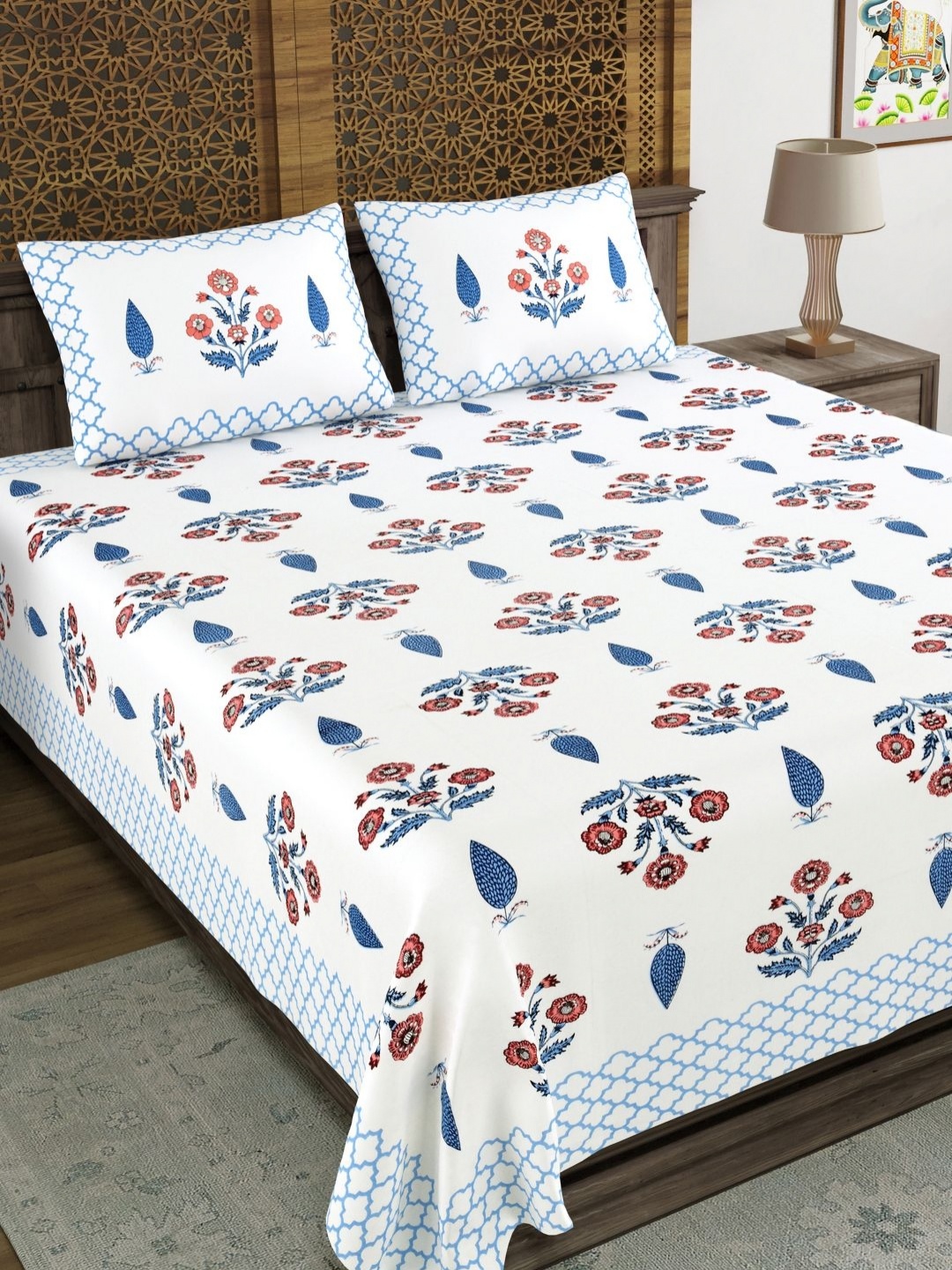 

BLOCKS OF INDIA Blue & White Ethnic Motifs 210 TC King Bedsheet with 2 Pillow Covers