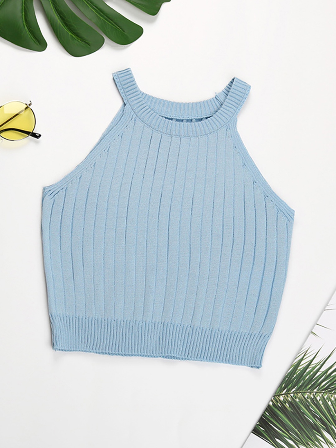 

StyleCast x Revolte Ribbed Choker Neck Fitted Crop Top, Blue