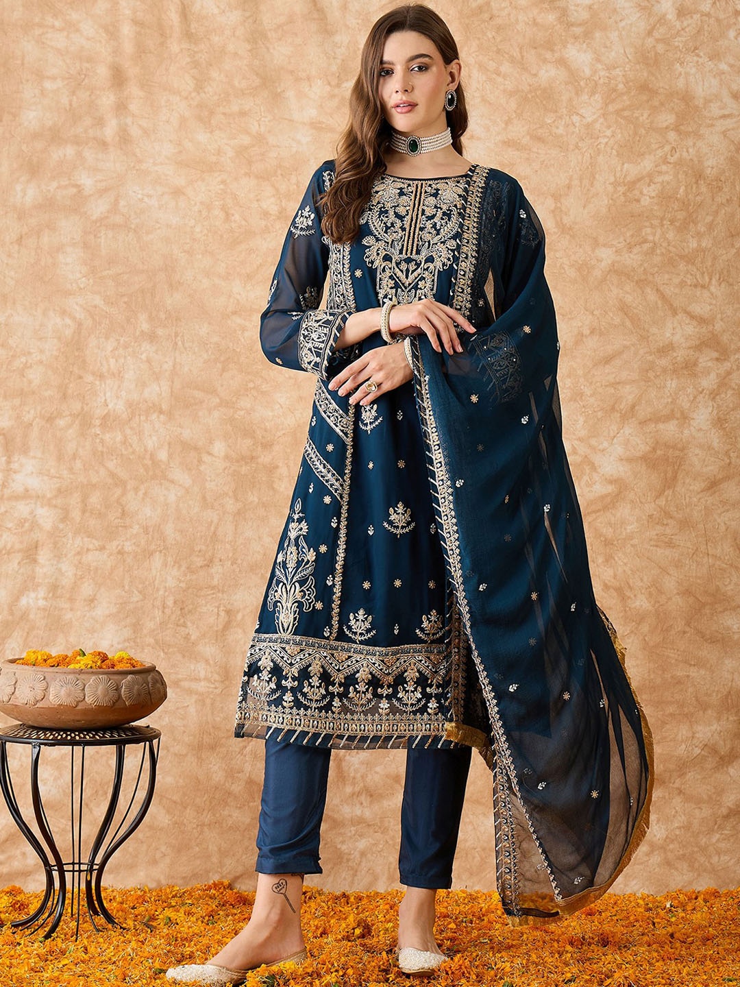 

SHADOW & SAINING Embroidered Silk Georgette Unstitched Dress Material, Teal