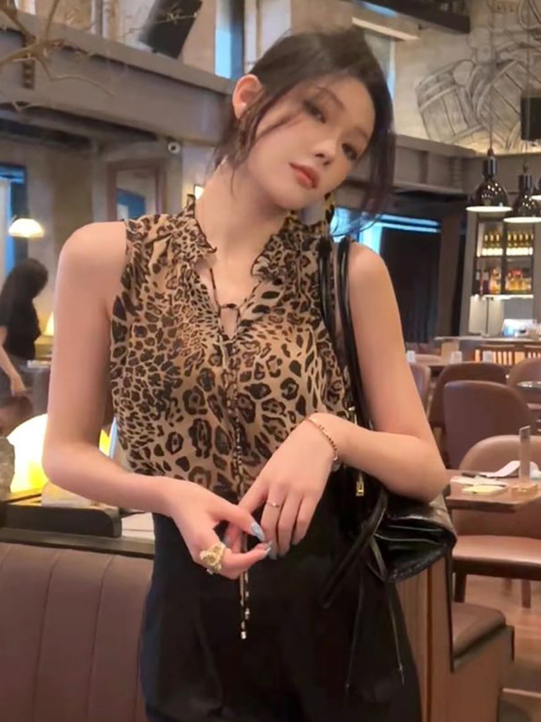 

StyleCast x Revolte Animal Printed Mandarin Collar Tie Up Regular Top, Brown