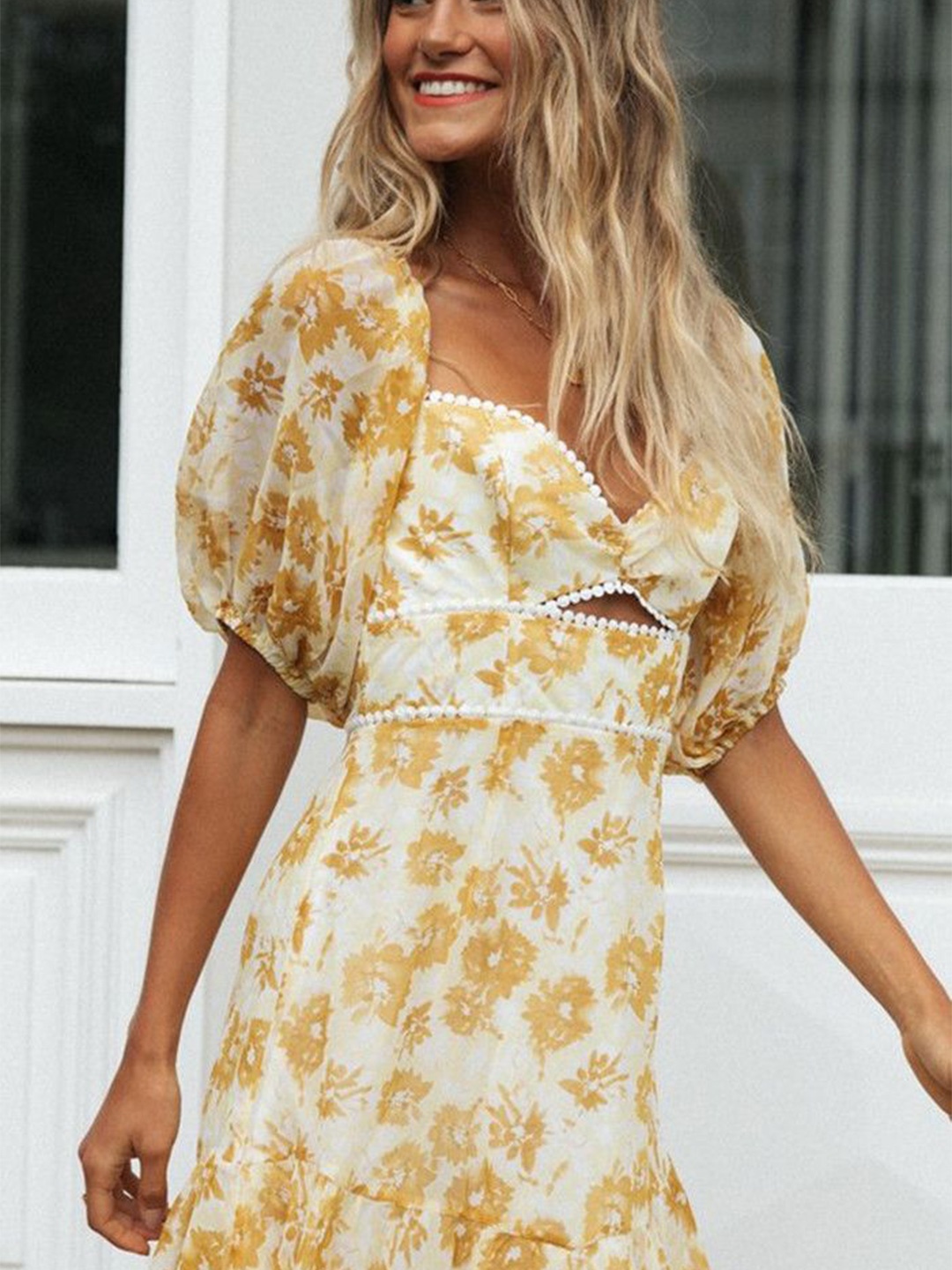 

Mast & Harbour Floral Print Puff Sleeve Fit & Flare Mini Dress, Yellow