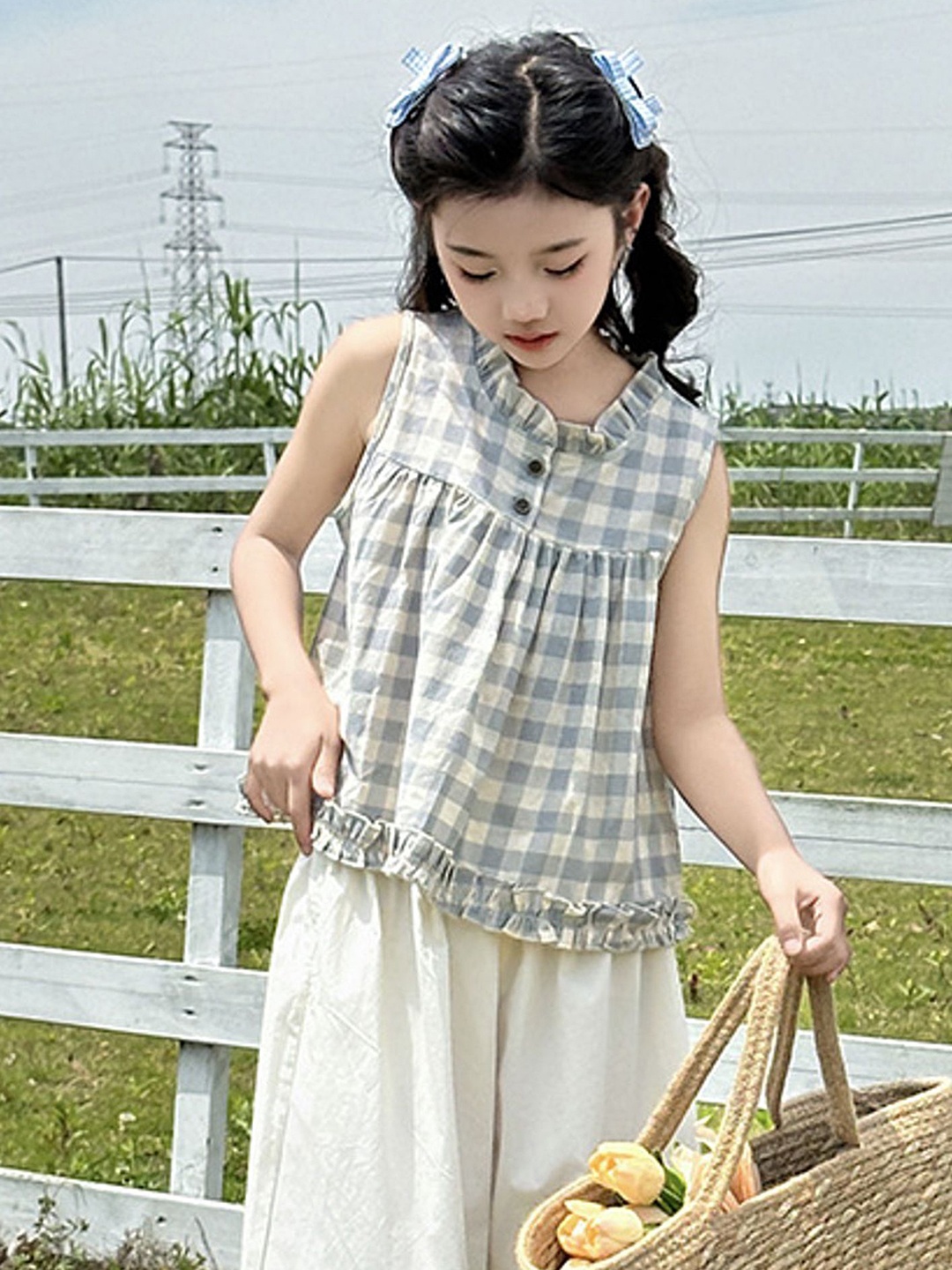 

LULU & SKY Checked Cotton Top, Grey