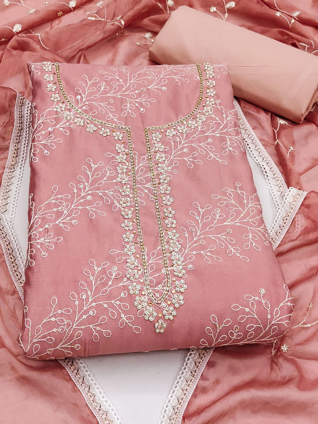 

SHADOW & SAINING Embroidered Semi-Stitched Dress Material, Peach