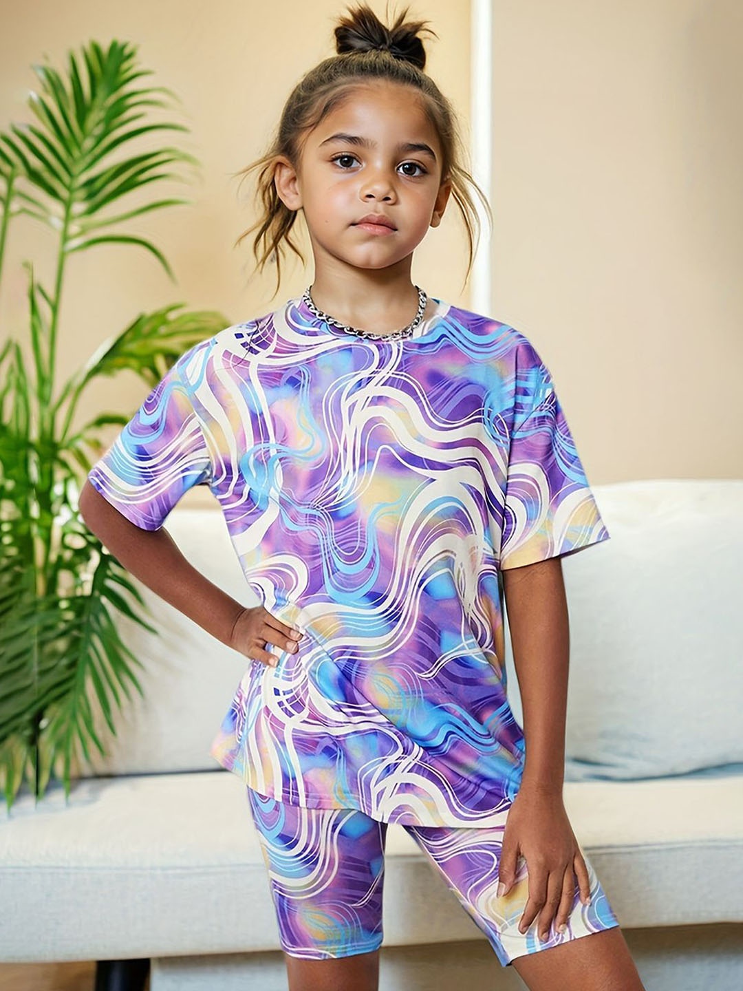 

YK Printed T-shirt with Shorts, Purple