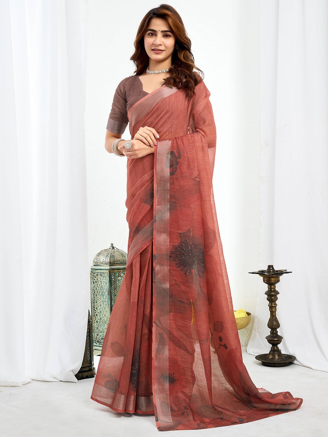 

all about you Floral Pure Linen Ready to Wear Saree, Brown