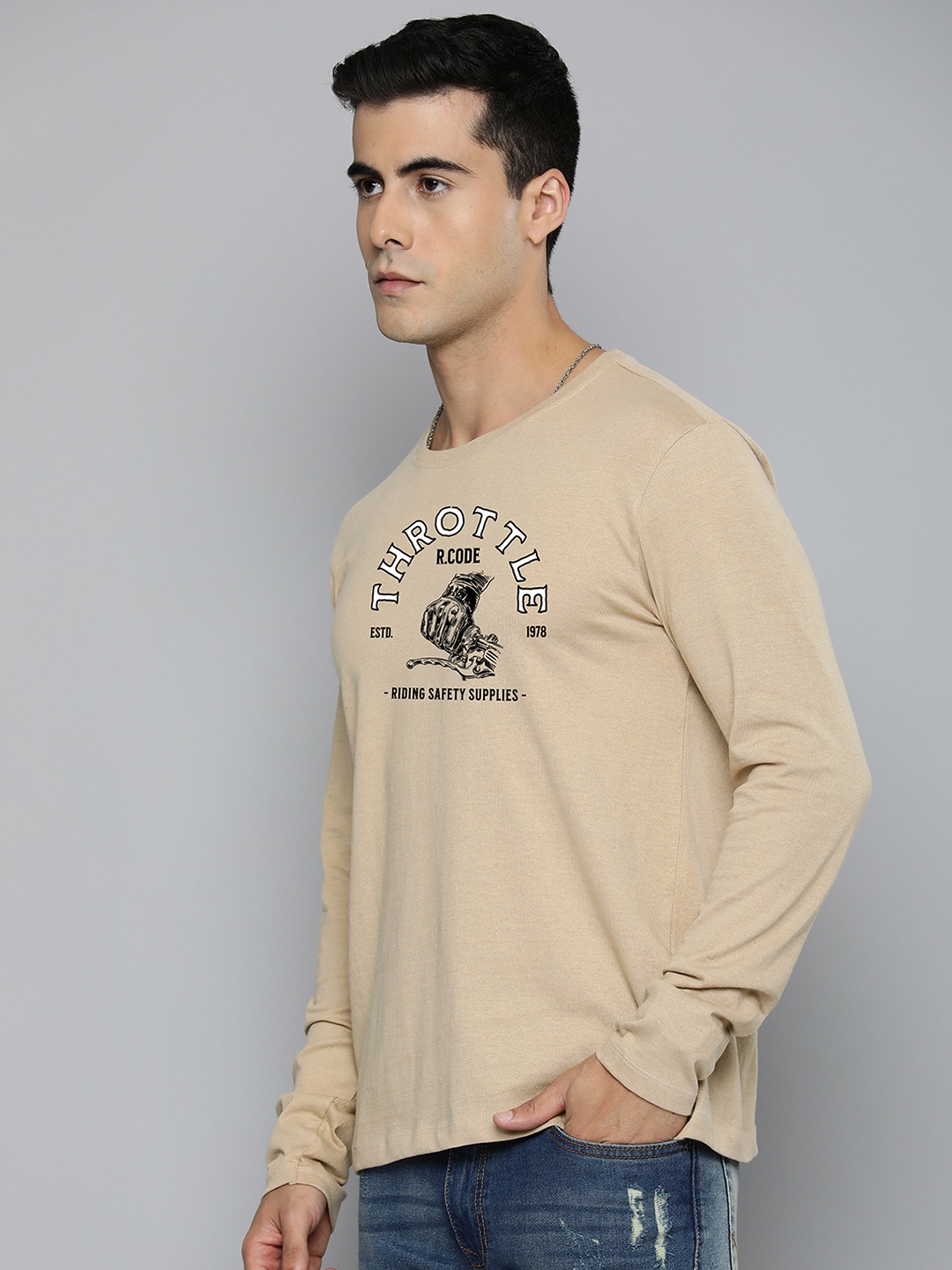 

R.Code by The Roadster Life Co. Men Printed T-shirt, Beige