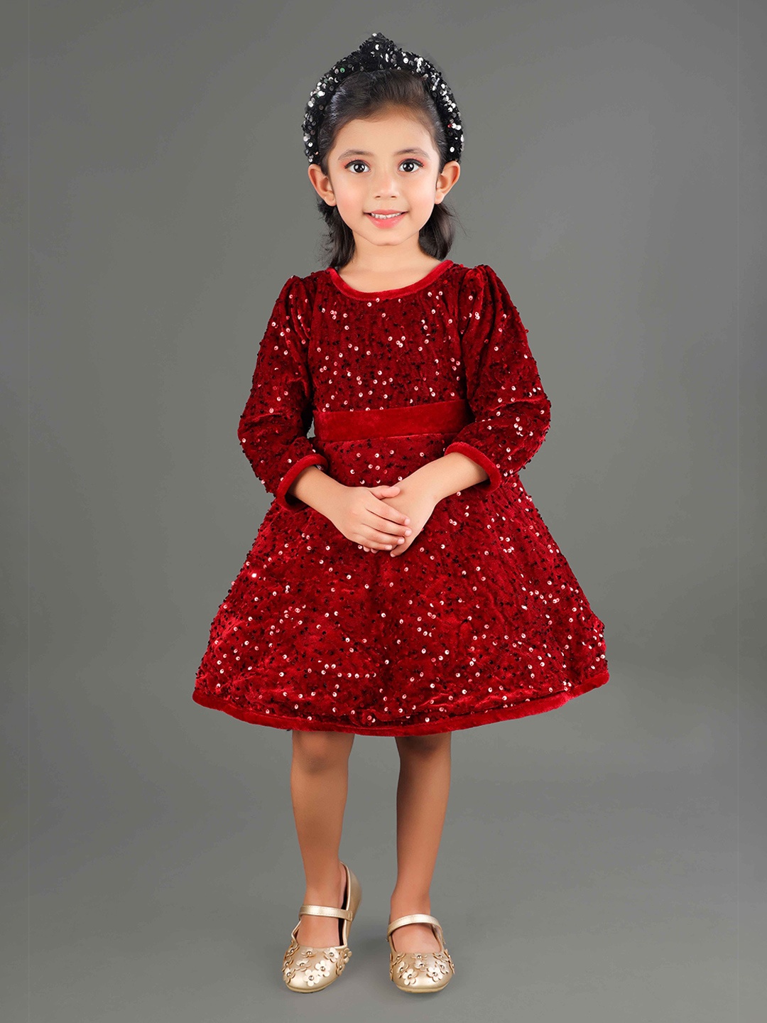 

Titrit Floral Puff Sleeve Velvet Fit & Flare Dress, Maroon