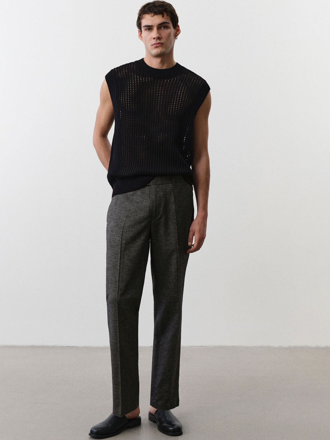 

H&M Regular Fit Tailored Linen-Blend Trousers, Grey