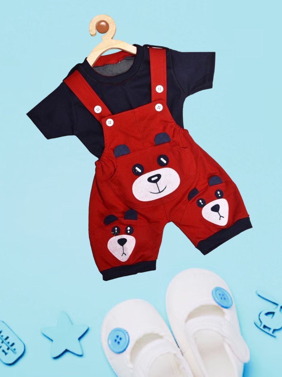 

BAESD Infants Printed Pure Cotton Dungaree With T-Shirt, Red