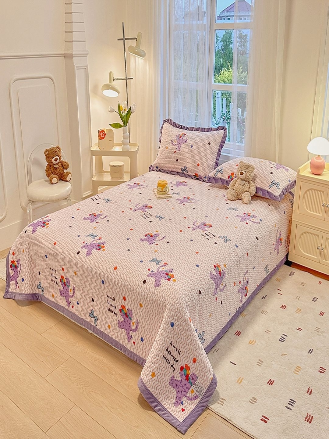

JC HOME Beige & Purple Colored Floral Printed Bed Cover With Pillow