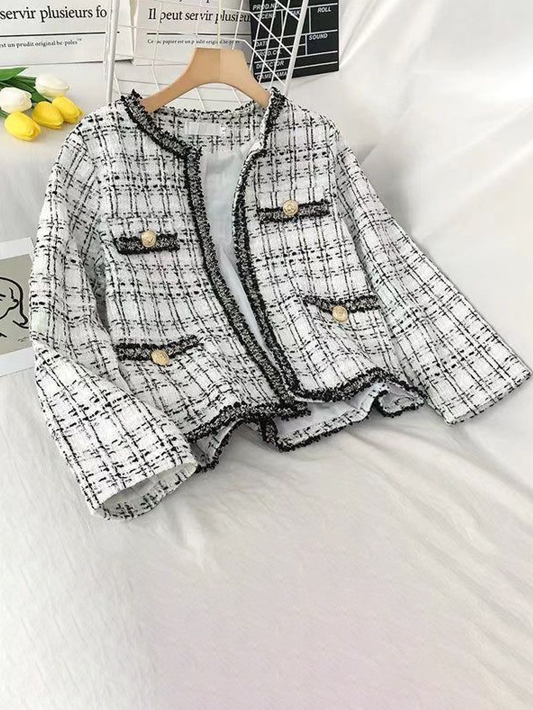 

PANKH Women Checked Woollen Cardigan, White