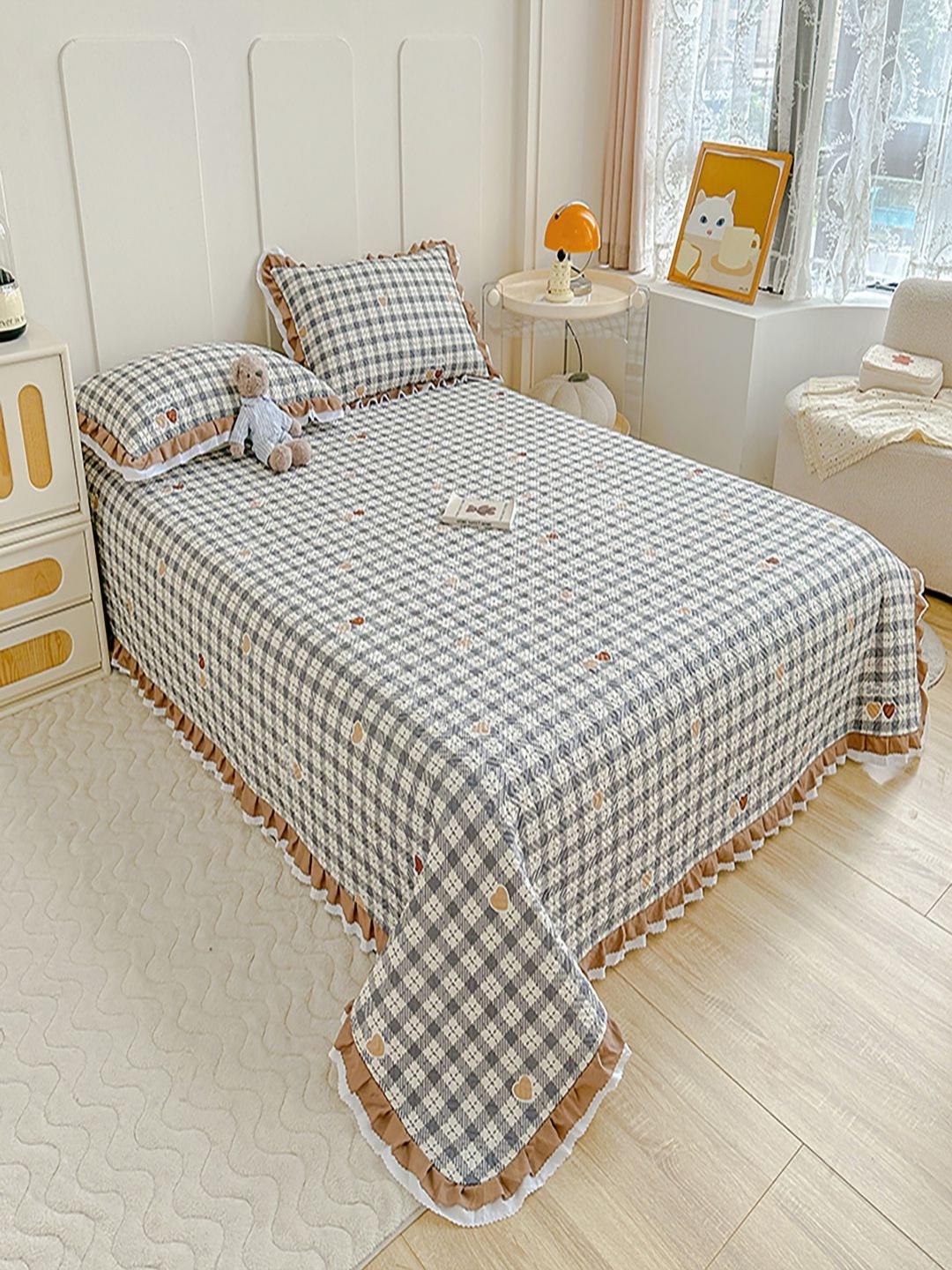 

JC HOME GREY & White Printed Cotton Double King Bed & Pillow Cover