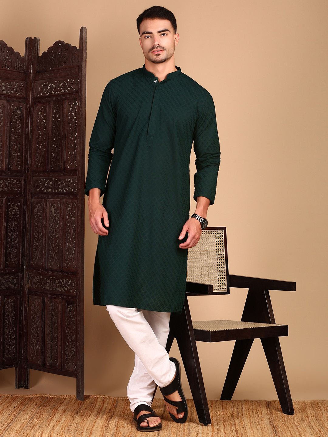 

House of Pataudi Chikankari Straight Kurta, Green