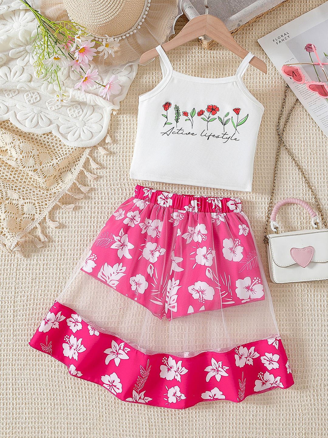 

YK Girls Printed Top With Skirt Clothing Set, Rose