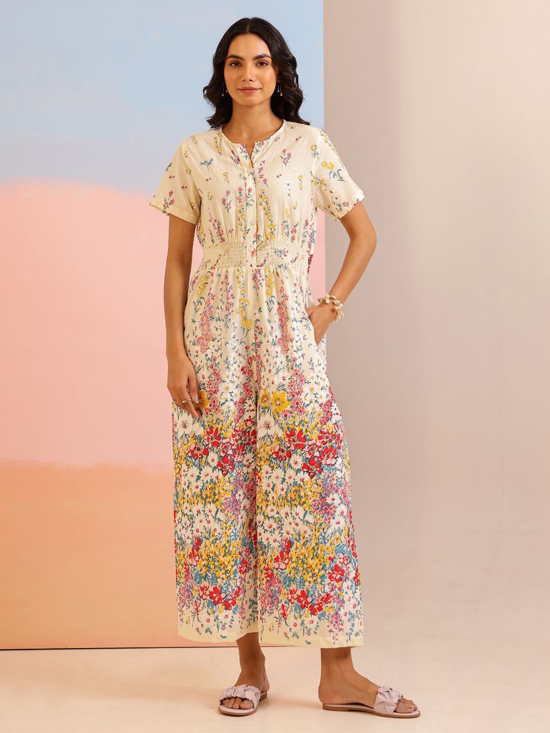 

SANSKRUTIHOMES Printed Basic Jumpsuit, Cream