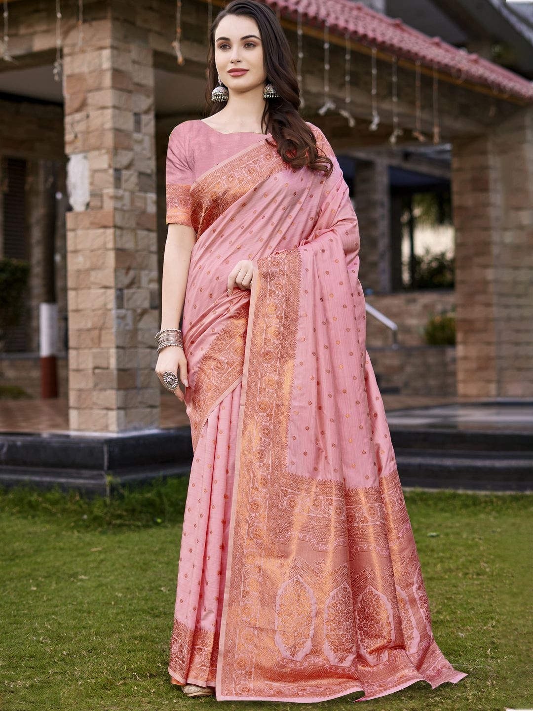 

SANGAM PRINTS Ethnic Motifs Zari Silk Blend Designer Tussar Saree, Pink