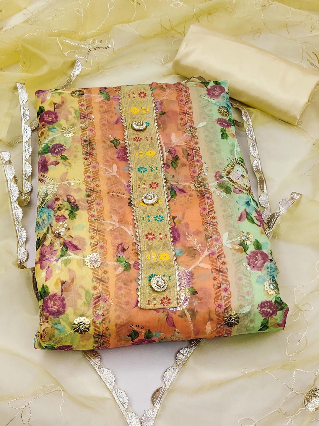 

SHADOW & SAINING Embroidered Organza Semi-Stitched Dress Material, Yellow
