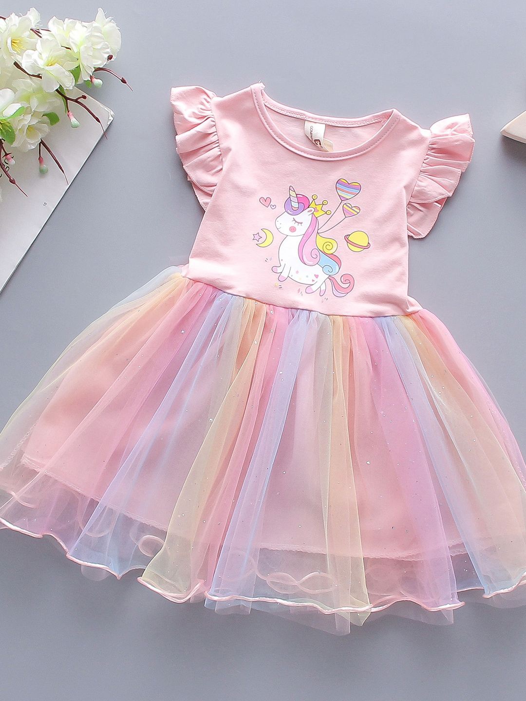 

YK Flutter Sleeve Fit & Flare Dress, Pink