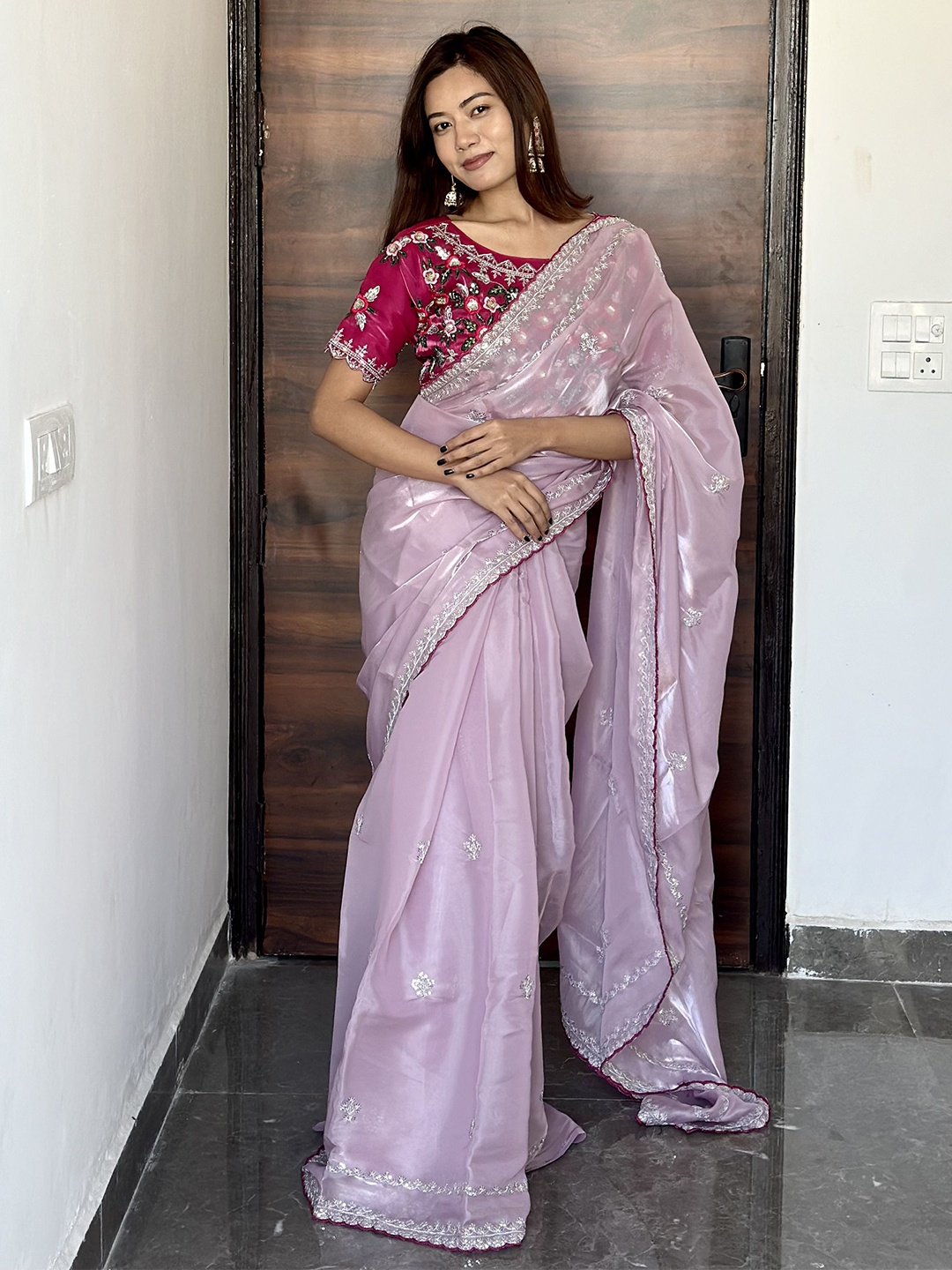

LeeliPeeri Designer Embellished Embroidered Silk Blend Saree, Pink