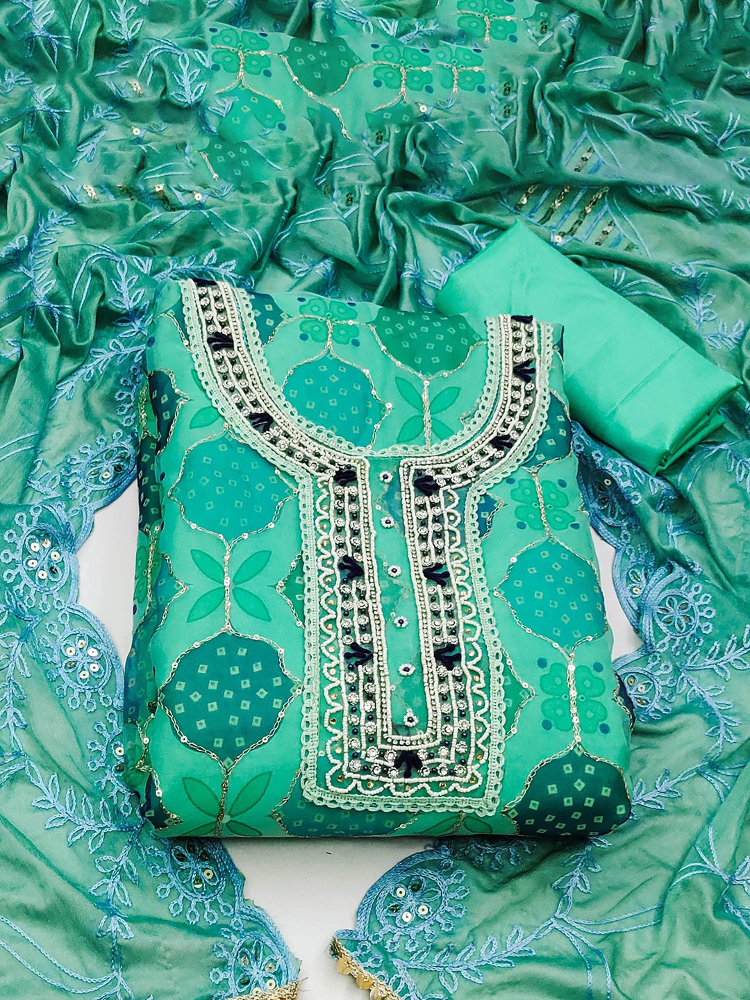 

SHADOW & SAINING Embellished Organza Semi-Stitched Dress Material, Sea green