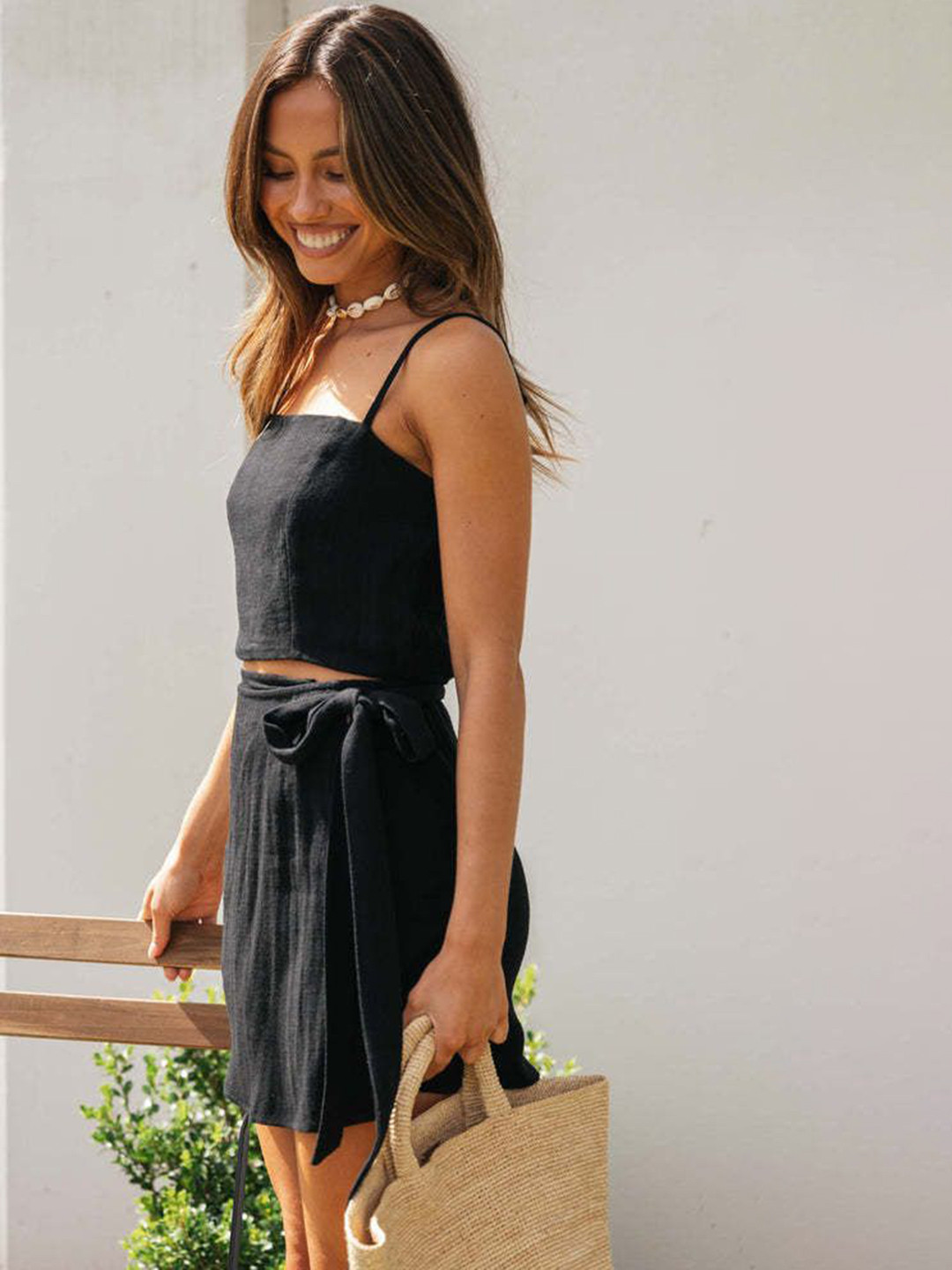 

DressBerry Shoulder Straps Top With Skirt Co-Ords Set, Black