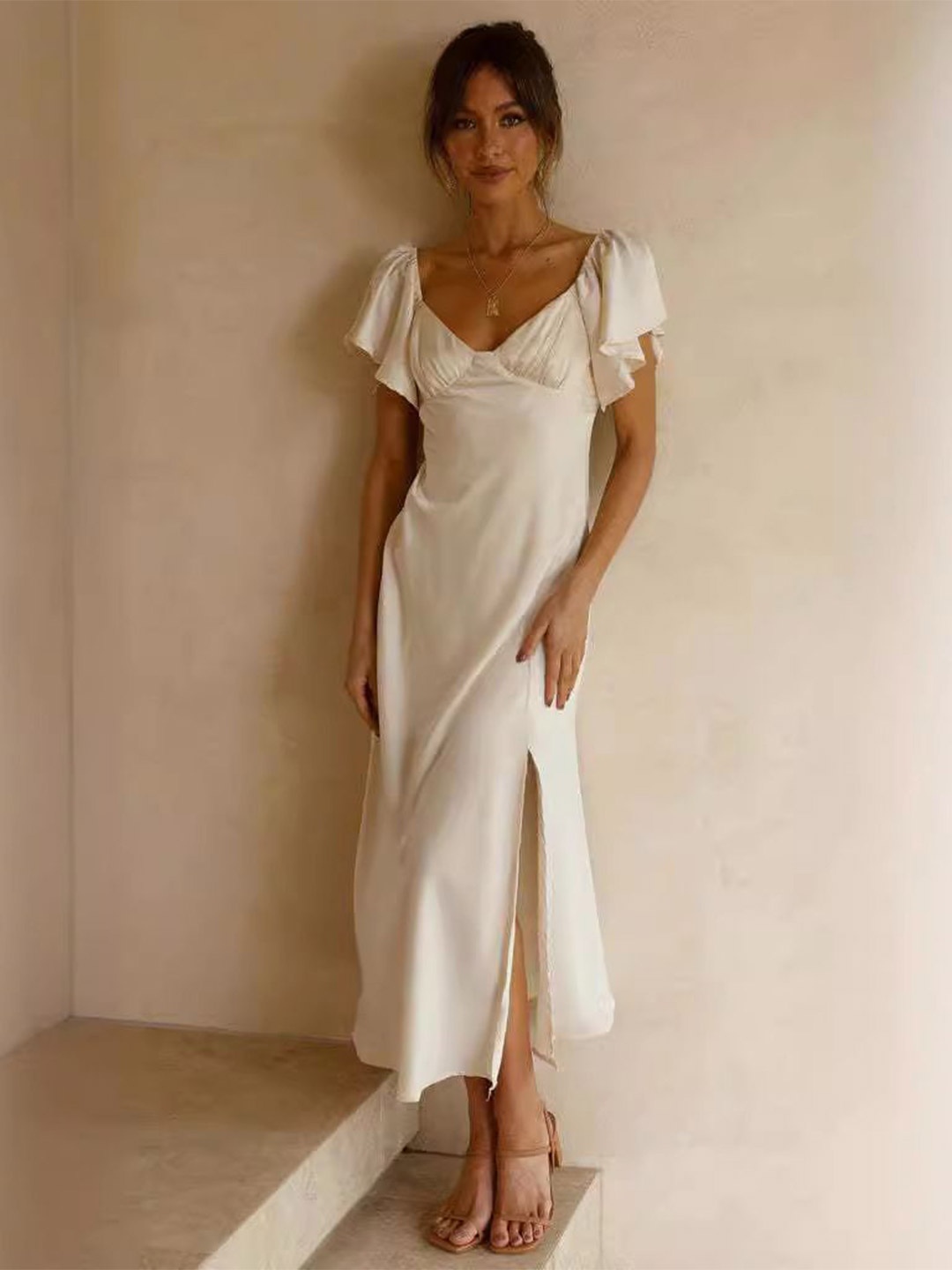 

all about you Flared Sleeve Satin A-Line Maxi Dress, Off white