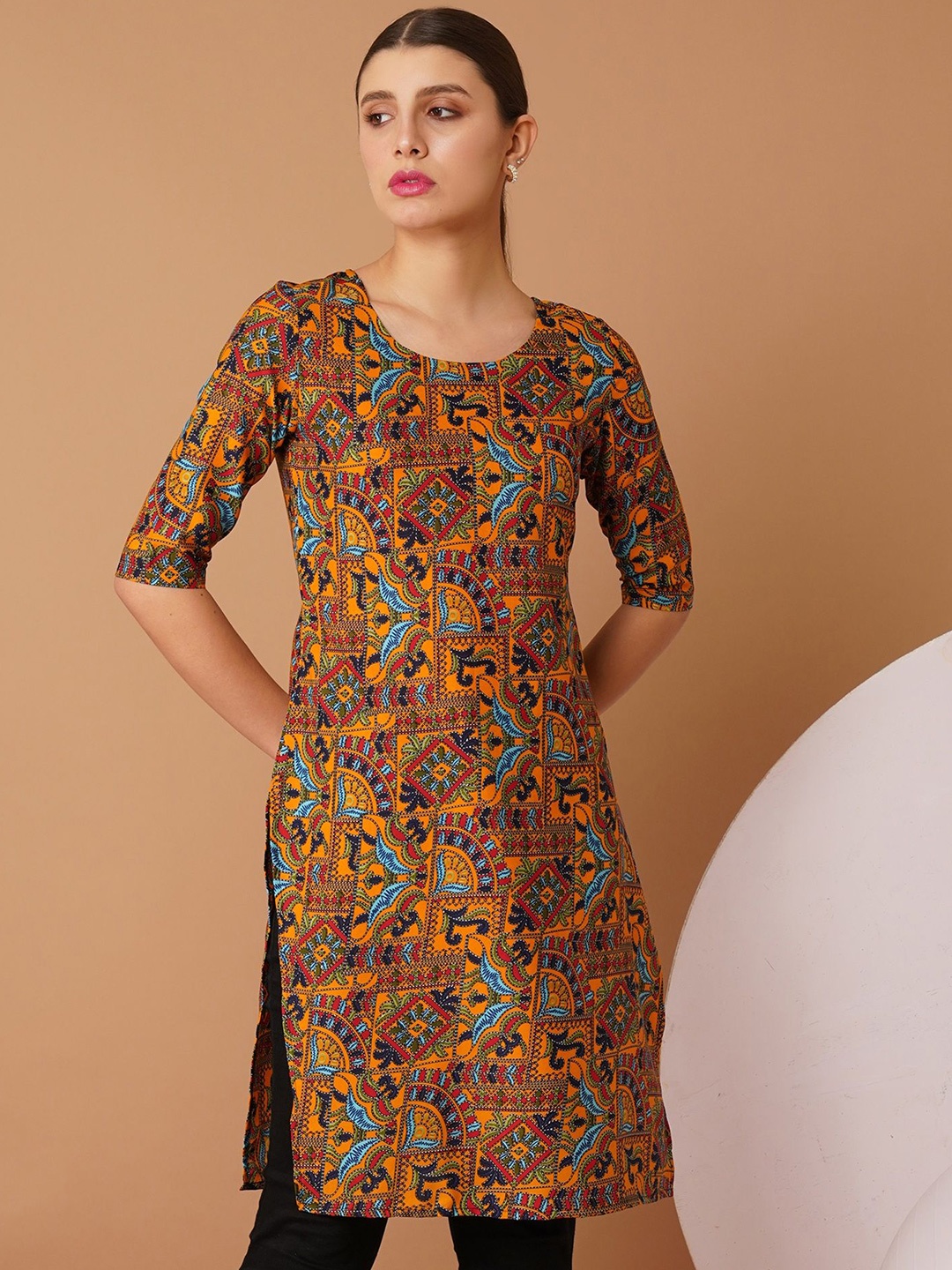 

Moda Rapido Printed Round Neck Straight Kurta, Brown