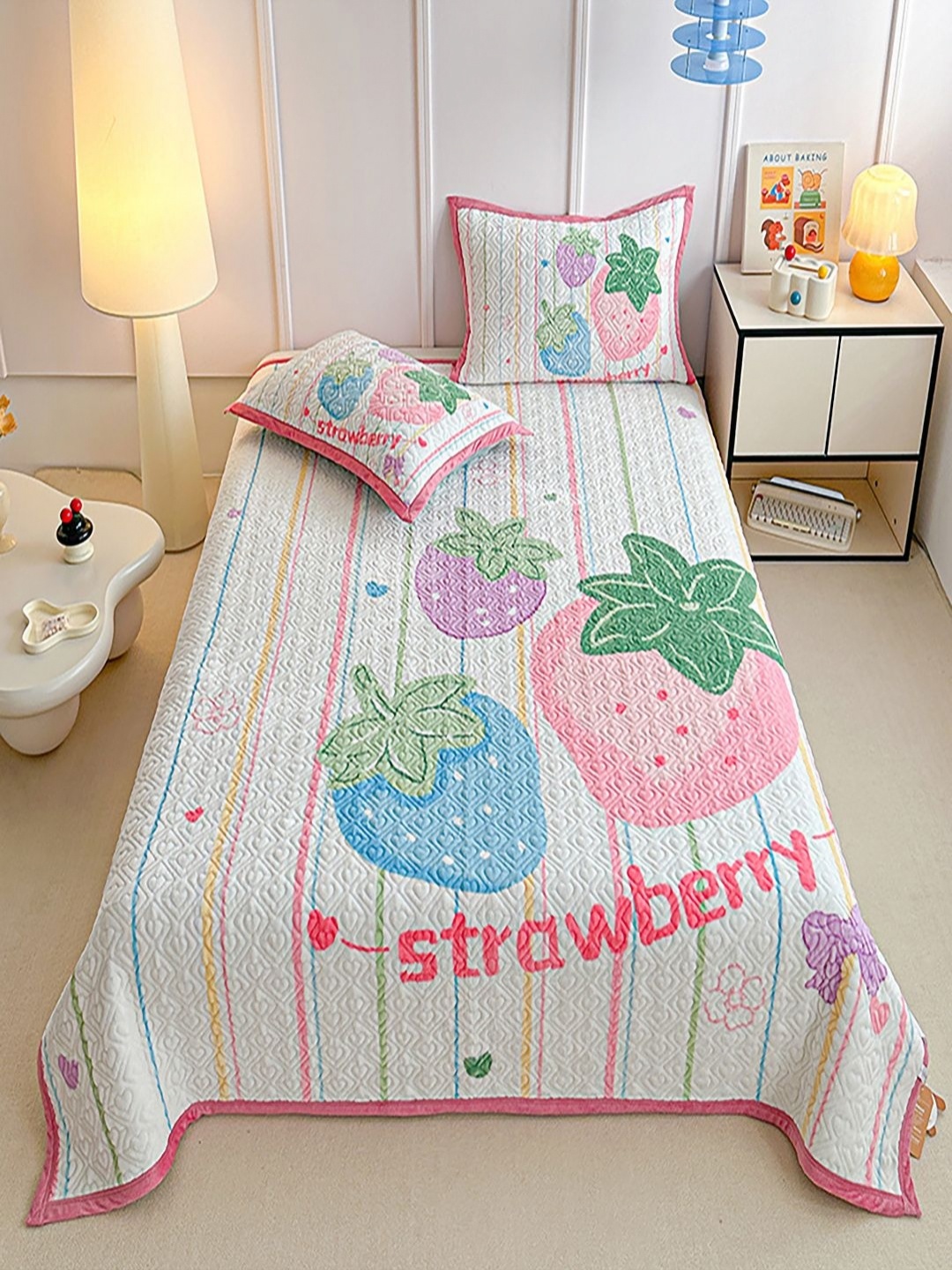 

JC HOME Pink & White Printed Cotton Double King Bed & Pillow Cover