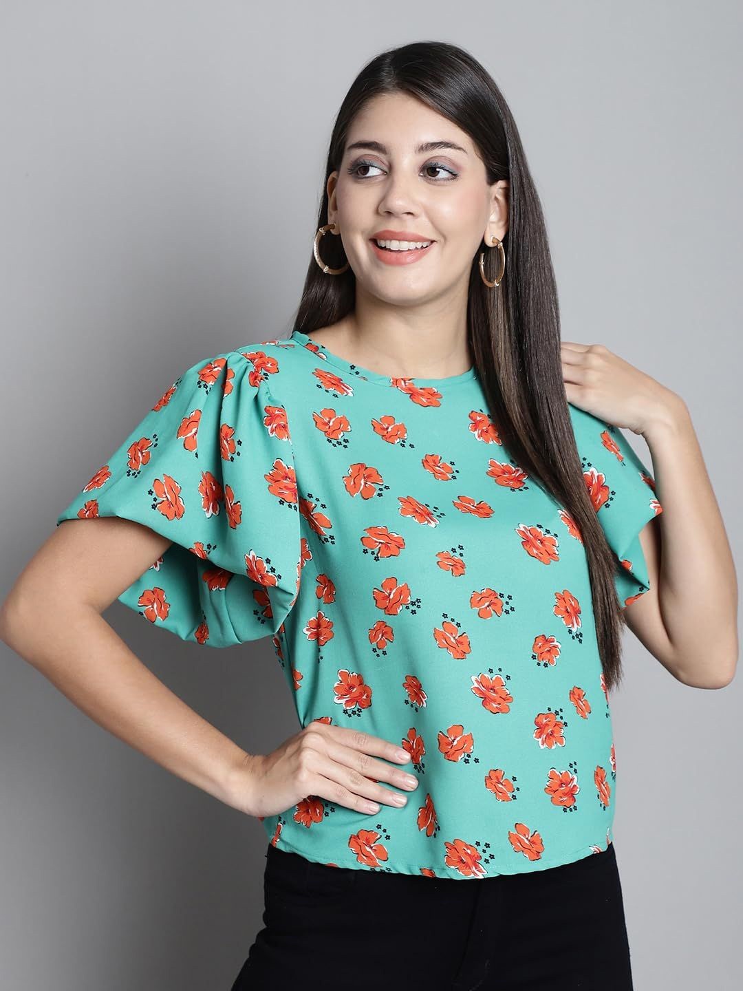 

SZN Floral Print Flared Sleeve Top, Green