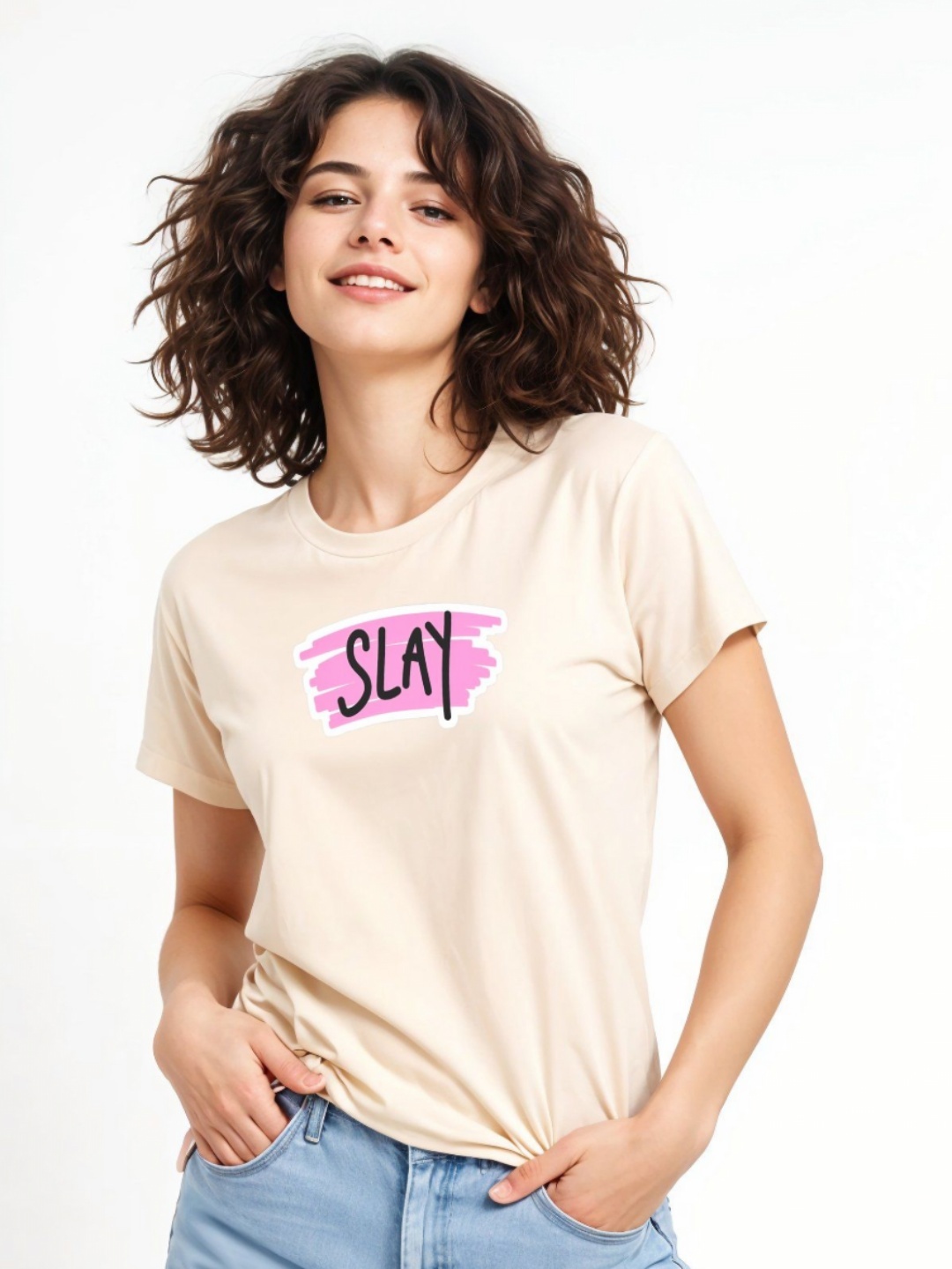 

DressBerry Women Typography Printed Extended Sleeves T-shirt, Beige