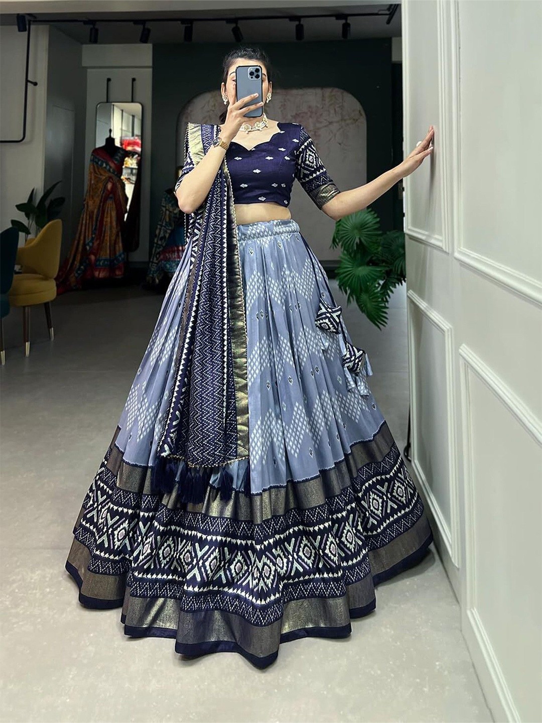 

Piludi Printed Ikat Semi-Stitched Lehenga & Unstitched Blouse With Dupatta, Blue
