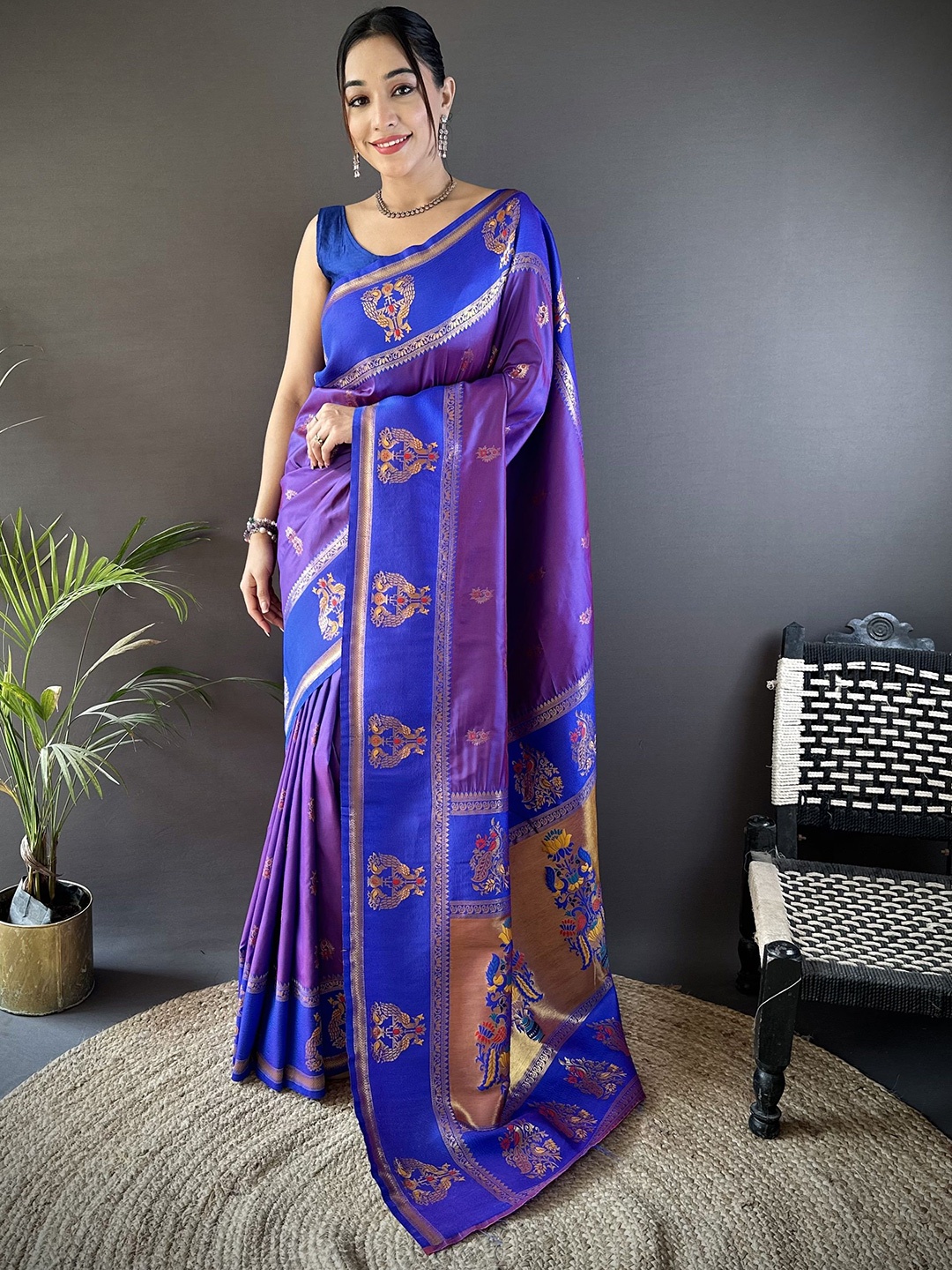 

LeeliPeeri Designer Woven Design Zari Silk Blend Designer Paithani Saree, Blue