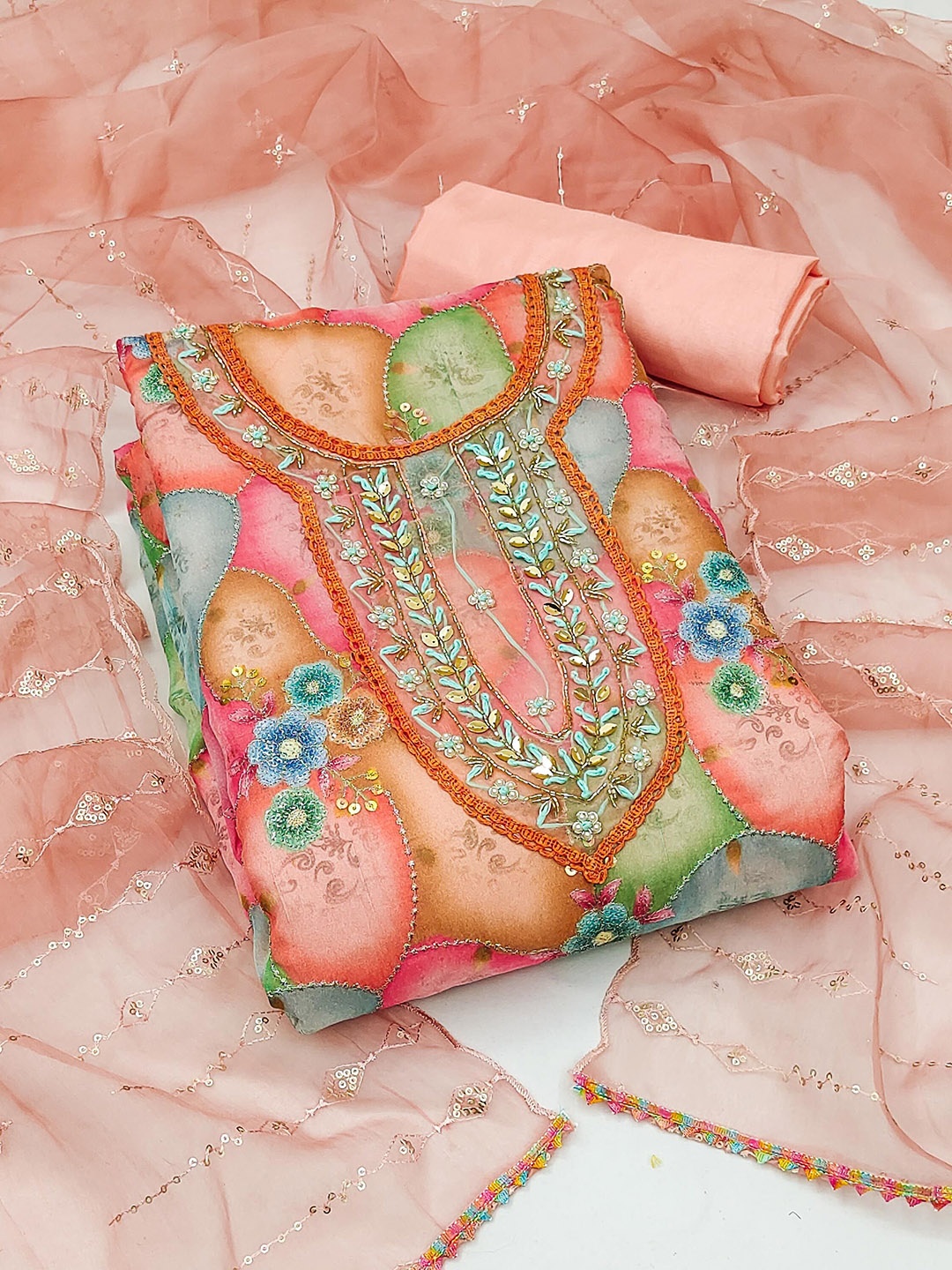 

SHADOW & SAINING Embellished Organza Semi-Stitched Dress Material, Peach